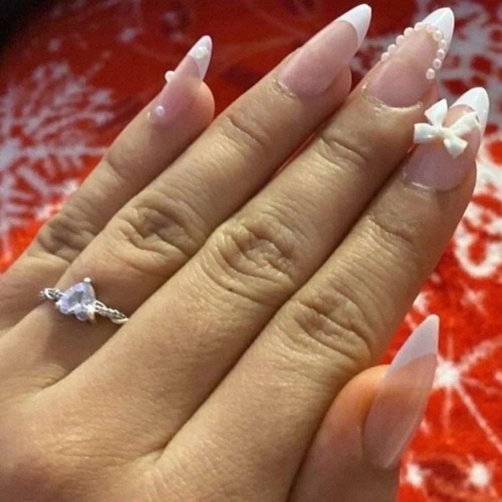 Coquette Pink Nail Art with Bow Design Almond Shape 24 Set Press On Nails